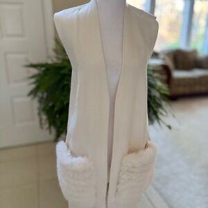 Carmen Marc Valvo Cream Faux‎ Fur Pocket Long Vest Cardigan Womens XL